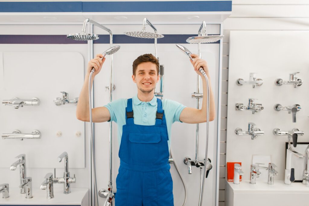 Plumber choosing shower in plumbering store